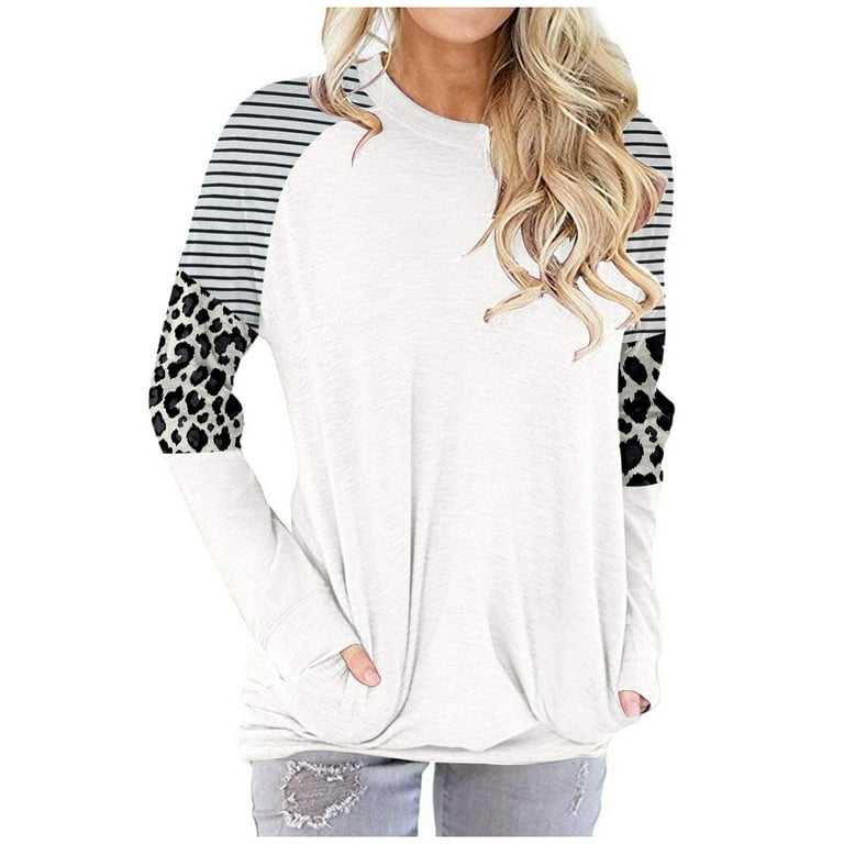 Long Sleeve Shirts for Women Long Sleeve Workout Shirts for Women Women  Crewneck Long Sleeve Stripe&Leopard Pullover Pocket Top Loose Fit Shirt  Blouse