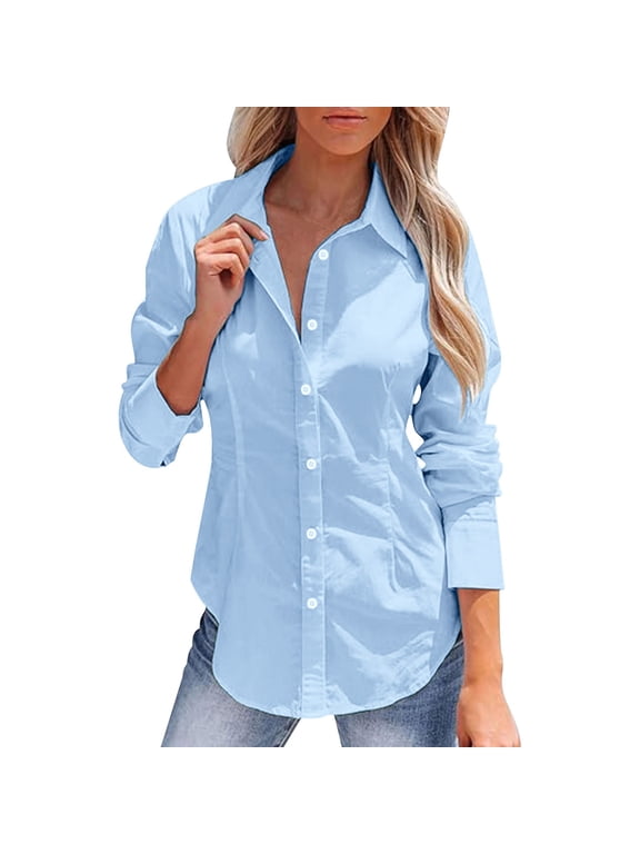 Long Sleeve Shirts for Women,cotton Linen Shirts Business Casual Tops Modest Tops Thin Shirts Women Interview Outfits for Women Airport Travel Outfit Women Basic Shirts,Sky Blue,XS