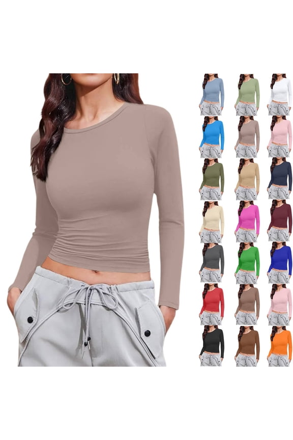 Long Sleeve Shirts Womens Crew Neck Basic Going Out Stretchy Slim Fit Y2k Crop Tops Camel S