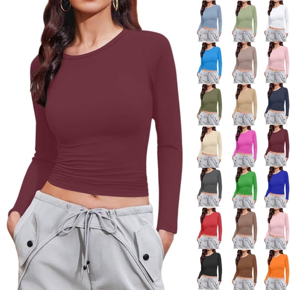 Long Sleeve Shirts Womens Crew Neck Basic Going Out Stretchy Slim Fit Y2k Crop Tops Wine S