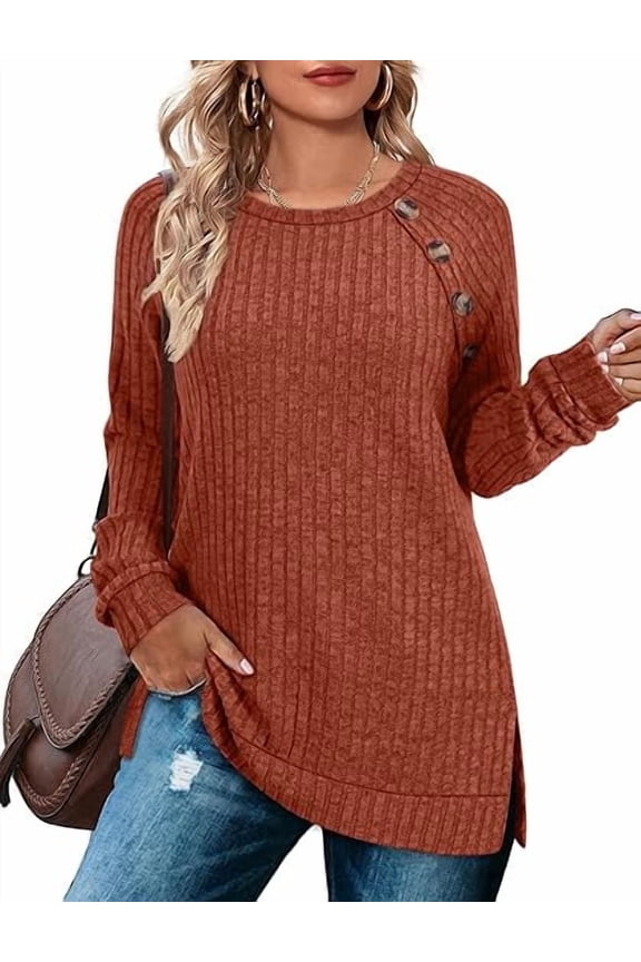 Long Sleeve Shirts for Women Knit Sweaters Pullover Side Slit Tops for Women Ribbed Knit Fall Shirts