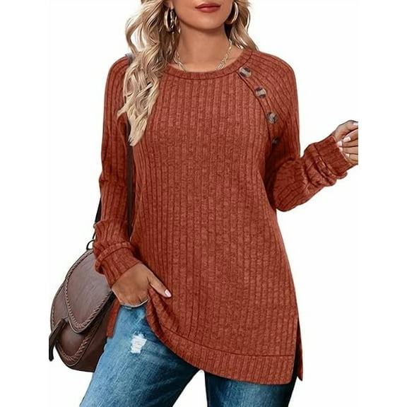 SOMER Long Sleeve Shirts for Women Knit Sweaters Pullover Side Slit Tops for Women Ribbed Knit Fall Shirts