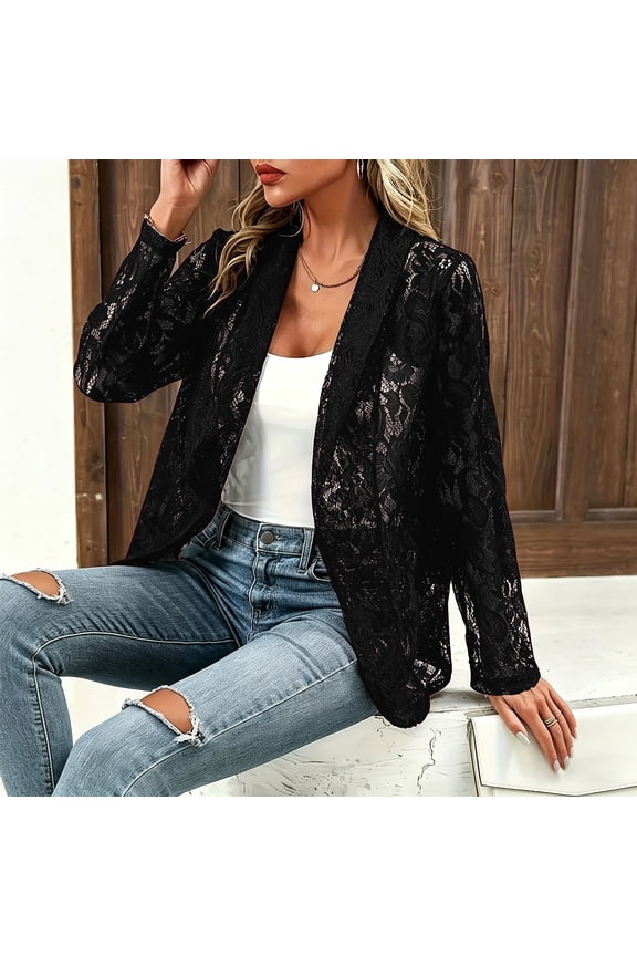 Long Sleeve Shirts Womens Floral Lace Blszer Mesh Open Front Lapel Neck Elegant Jacket Blazer Black 2XL