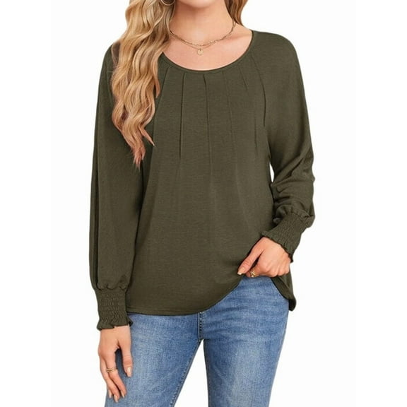 Long Sleeve Shirts Womens Pleated Business Casual Blouses with Smocked Cuffs Green XXL