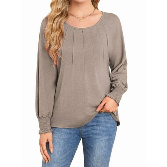 Long Sleeve Shirts Womens Pleated Business Casual Blouses with Smocked Cuffs Khaki XL