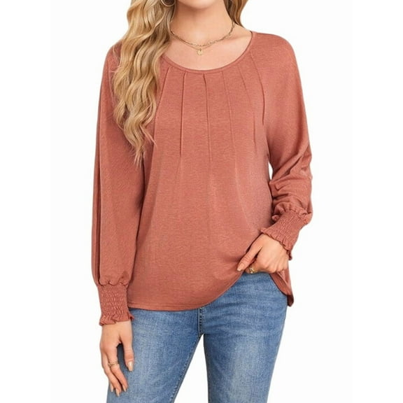 Long Sleeve Shirts Womens Pleated Business Casual Blouses with Smocked Cuffs Orange Color M