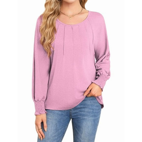 Long Sleeve Shirts Womens Pleated Business Casual Blouses with Smocked Cuffs Pink L