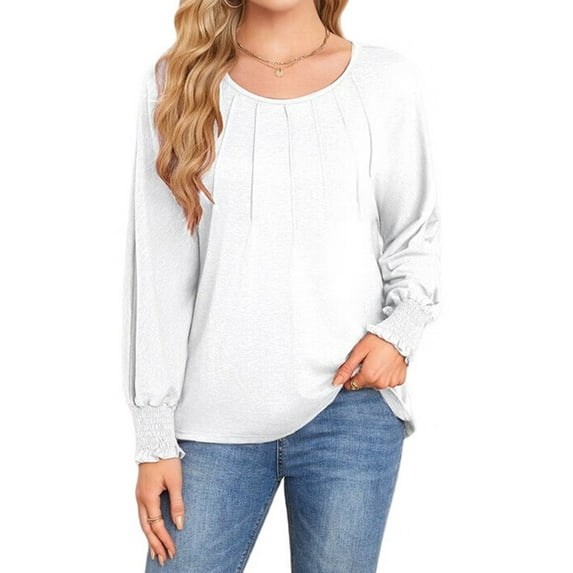 Long Sleeve Shirts Womens Pleated Business Casual Blouses with Smocked Cuffs White L