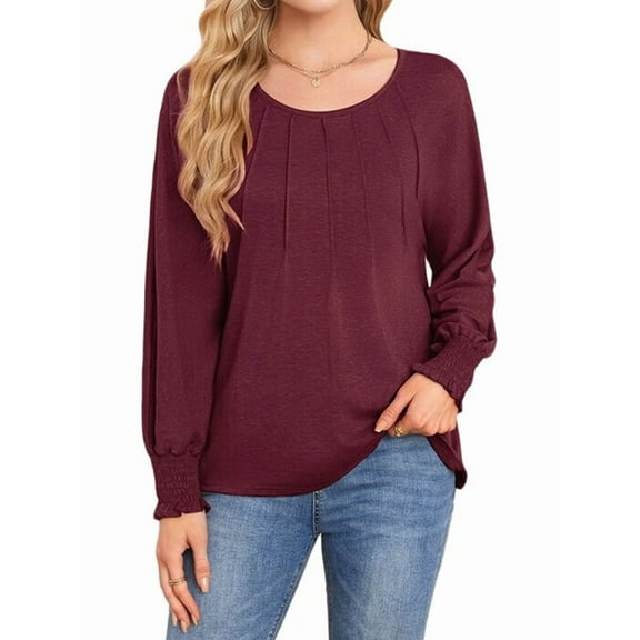 Long Sleeve Shirts Womens Pleated Business Casual Blouses with Smocked Cuffs Wine Red XXL