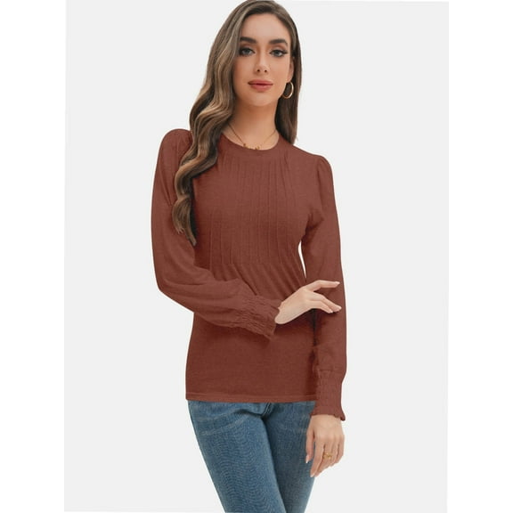 Long Sleeve Shirts Womens Pleated Business Casual Blouses with Smocked Cuffs