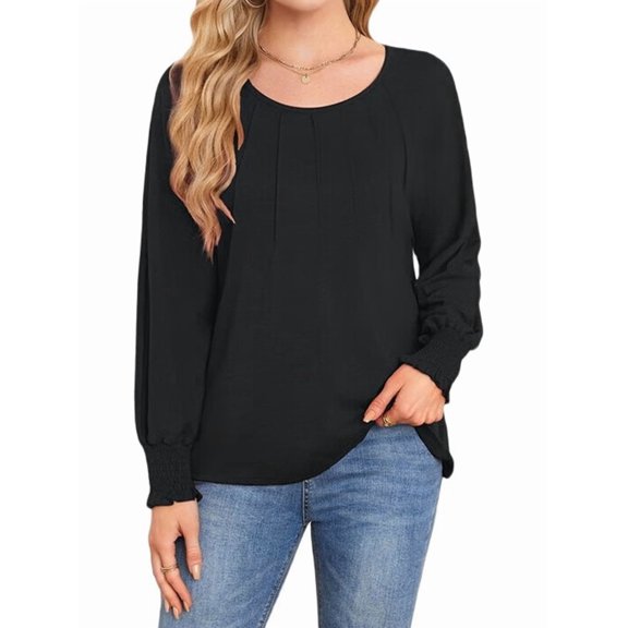 Long Sleeve Shirts Womens Pleated Business Casual Blouses with Smocked Cuffs