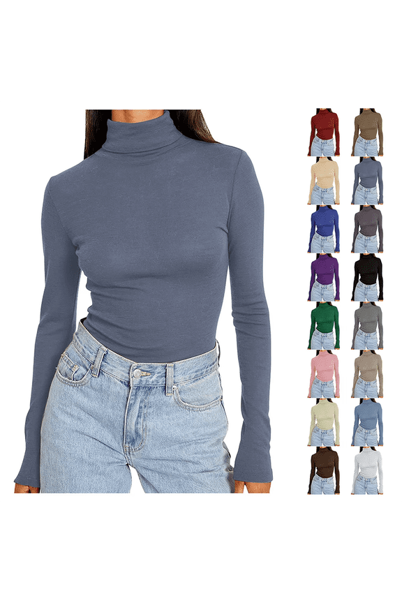 Long Sleeve Shirts Womens Solid Turtleneck Pullover Slim Basic Plus Size Tops Soft Stretchy Casual Layering Tops Tee for Fall Underscrubs Blouse