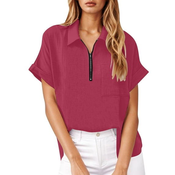 Long Sleeve Shirts Work Tops for WomenSummer Shirts Fashion Lapel Collar Short Sleeves Full Zipper Blouses With Pockets Linen Solid Color Tops