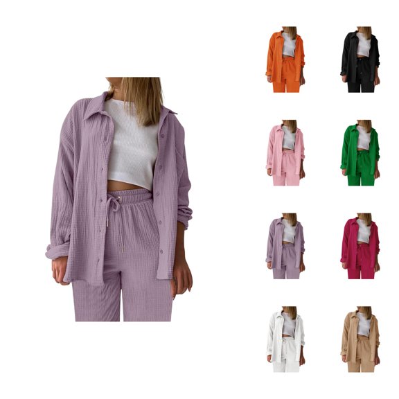 Long Sleeve Shirts and Pants Set for Women 2025 Button Dowm Collared Blouse Straight Leg Trousers Womens Fall Outfits