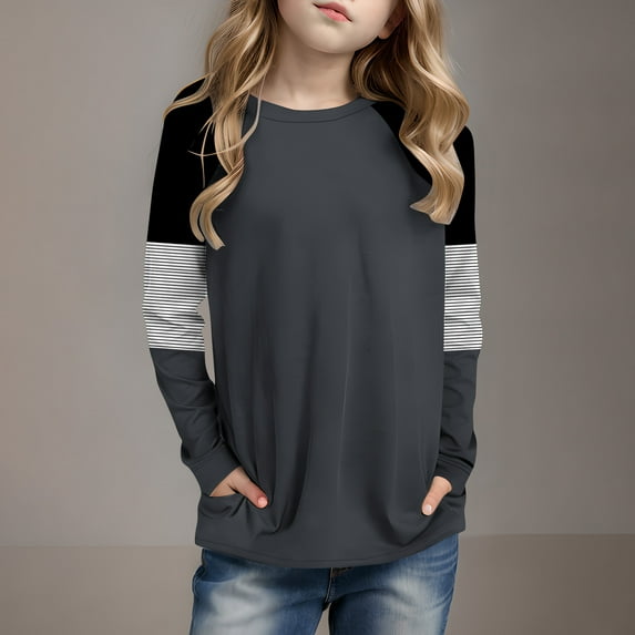 Long Sleeve Shirts for Girls Casual Crewneck T-Shirts Size 4-14 Teens Kids Basic Color-Block Raglan Pullover Comfort Athletic Workout Tunic Tops