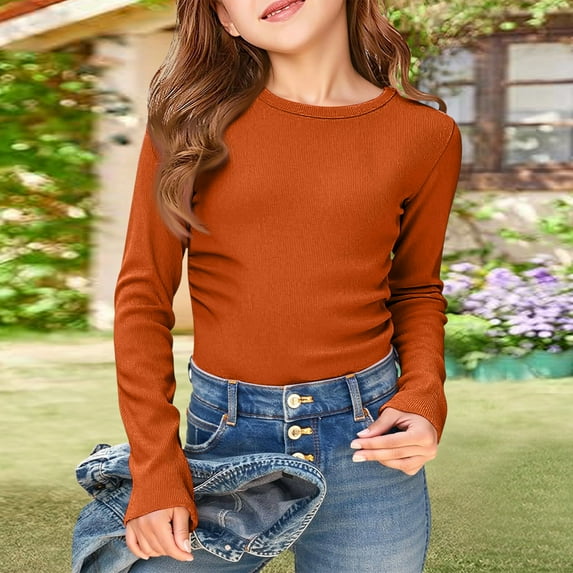 Long Sleeve Shirts for Girls Crewneck Slim Fit Tops Ribbed Shirt Casual Base Layer Tops Orange 140