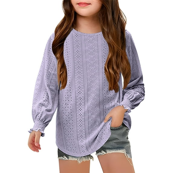 Long Sleeve Shirts for Girls Fall Eyelet Shirt Kids Cute Crew Neck Solid Color Loose Casual Fashion Pullover Tops (Purple 4 Years)