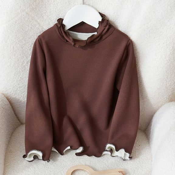 Long Sleeve Shirts for Girls Size 2-12 Cute Ruffle Mock Neck Fleece Lined Sweatshirts Toddlers Kids Solid Color Pullover Stretchy Slim-Fit Basic Tops