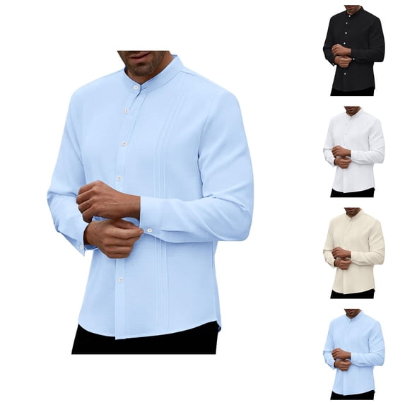 Long Sleeve Shirts for Men 2026 Spring Casual Lightweight Slim Fit Button Down Band Collar Plain Beach Shirt