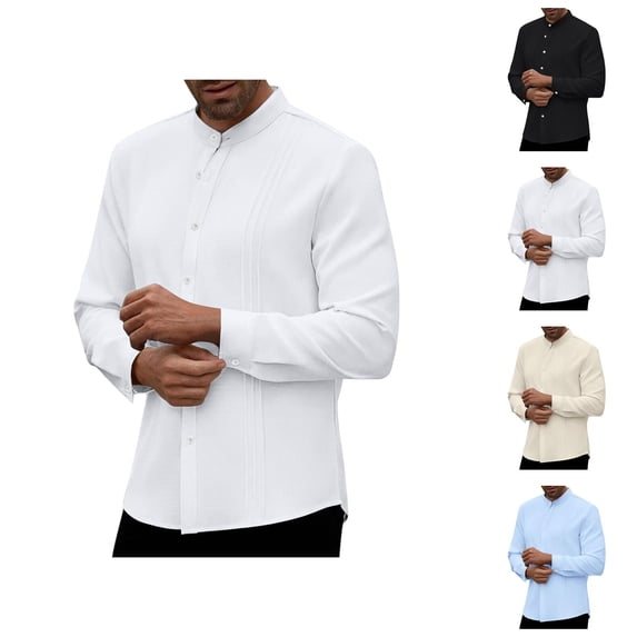 Long Sleeve Shirts for Men 2026 Spring Casual Lightweight Slim Fit Button Down Band Collar Plain Beach Shirt