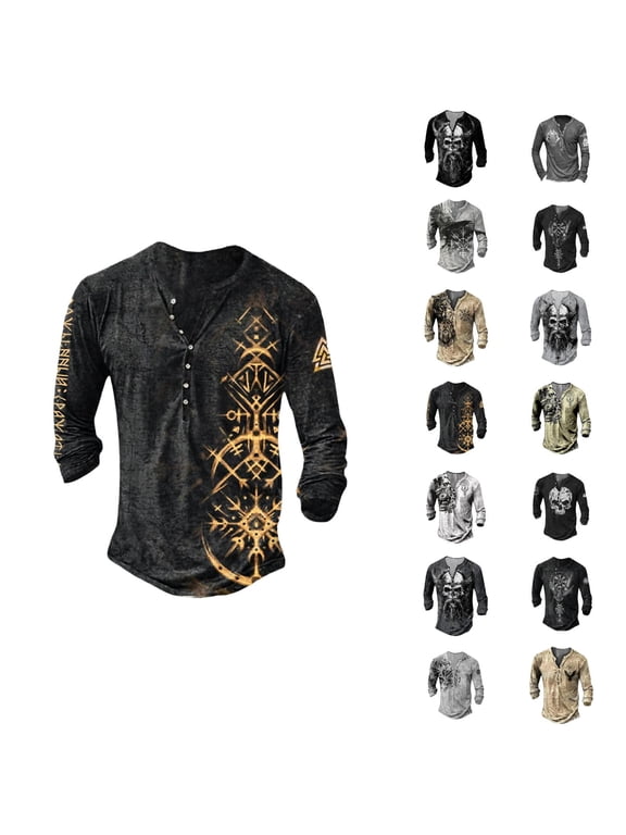 Long Sleeve Shirts for Men 2026 Spring Casual V Neck Viking Style Graphic Shirt Streetwear