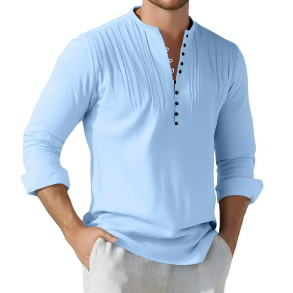 Long Sleeve Shirts for Men,Business Casual Shirt Long Sleeve Solid Color Fashion Neckline Button Design Collar Fold Top,Men Shirts,S,Blue
