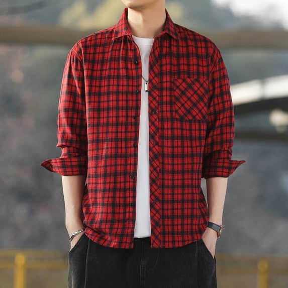 Long Sleeve Shirts for Men Button-Down Business Casual Shackets Shirt with Pocket and Collar Plaid Printed Comfort Lapel Office Work Tops