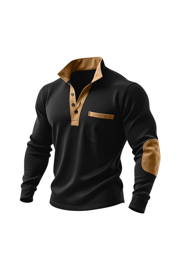 Long Sleeve Shirts for Men Button Up Henley Top Waffle Stand Collar T Shirts Casual Vintage Sweatshirts with Elbow Patches