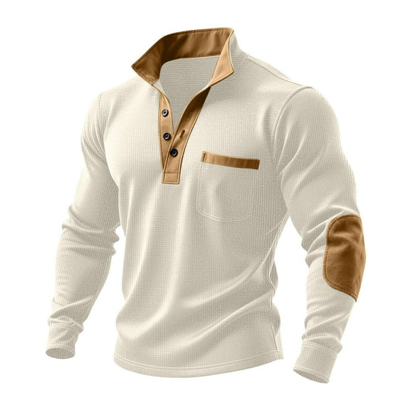 Long Sleeve Shirts for Men Button Up Henley Top Waffle Stand Collar T Shirts Casual Vintage Sweatshirts with Elbow Patches