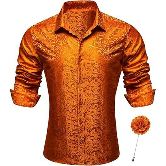Long Sleeve Shirts for Men Button Up Slim Fit Casual Vintage Jacquard Tops Solid Color Turn Down Collar 2025 Fall Winter Trendy Mens Shirts Orange L