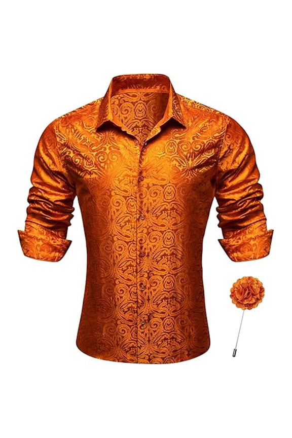 Long Sleeve Shirts for Men Button Up Slim Fit Casual Vintage Jacquard Tops Solid Color Turn Down Collar 2025 Fall Winter Trendy Mens Shirts Orange M