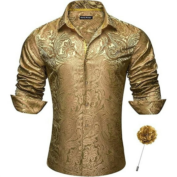 Long Sleeve Shirts for Men Button Up Turn Down Collar Vintage Jacquard Tops Slim Fit Solid Color 2025 Fall Winter Casual Trendy Mens Shirts Gold L