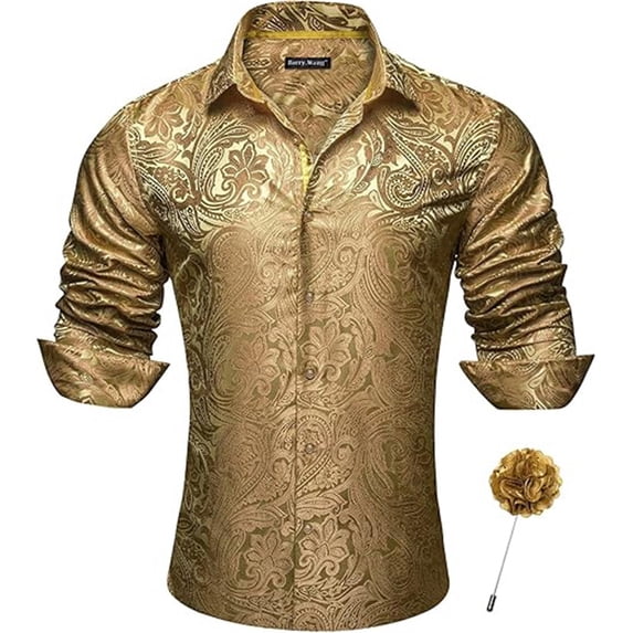 Long Sleeve Shirts for Men Button Up Turn Down Collar Vintage Jacquard Tops Slim Fit Solid Color 2025 Fall Winter Casual Trendy Mens Shirts Gold XXXL