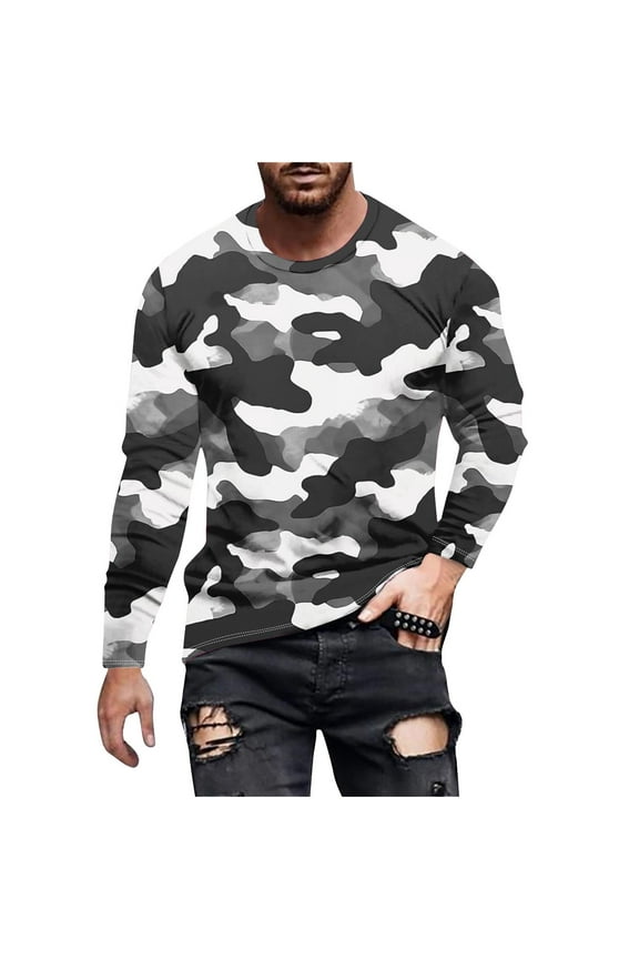Long Sleeve Shirts for Men Camouflage Print Workout Crewneck Sweatshirts Loose Fit Camo Pullover Tees