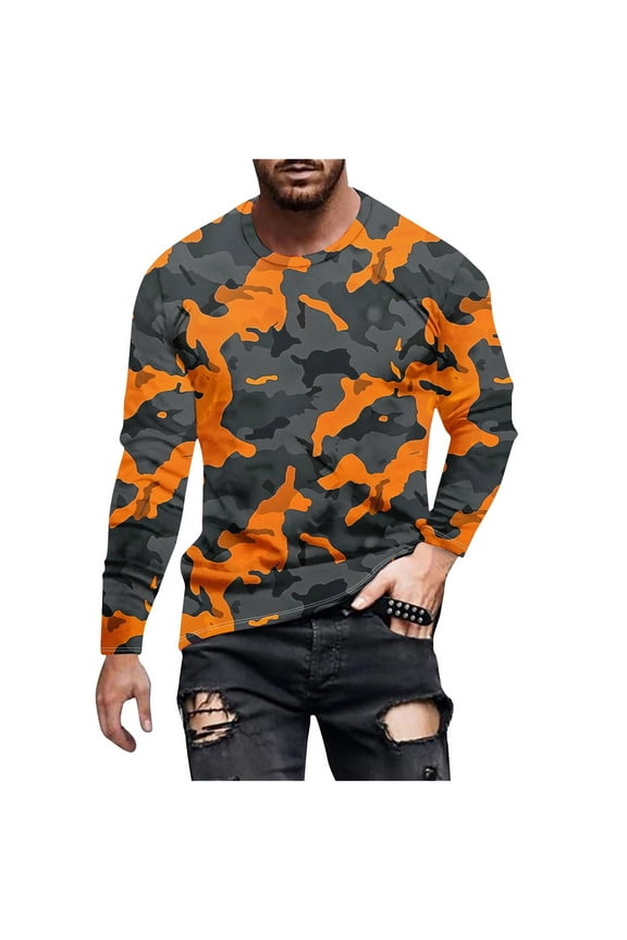 Long Sleeve Shirts for Men Camouflage Print Workout Crewneck Sweatshirts Loose Fit Camo Pullover Tees