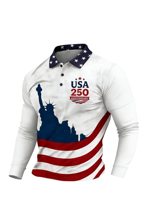Long Sleeve Shirts for Men Casual 250 Years Of Freedom Polo Shirts American Flag Patriotic Shirt