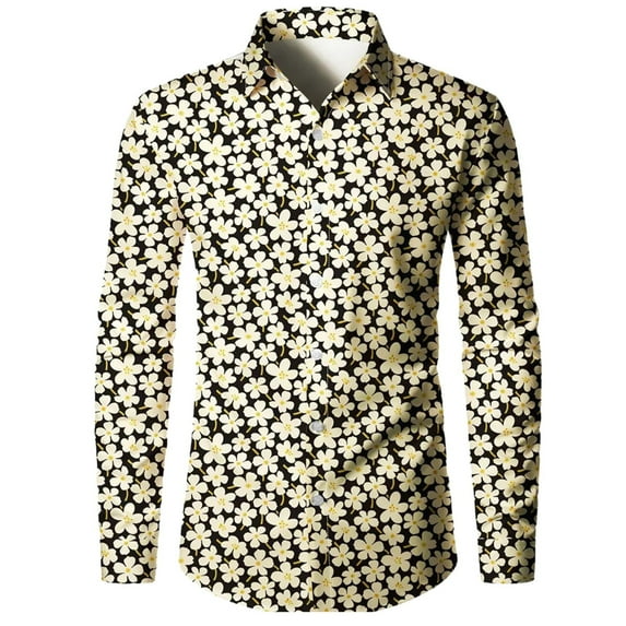 Long Sleeve Shirts for Men Casual 3D Floral Print Comfortable Button Down Lapel Blouses Loose 2025 Fall Lightweight Mens Dress Shirts Yellow M