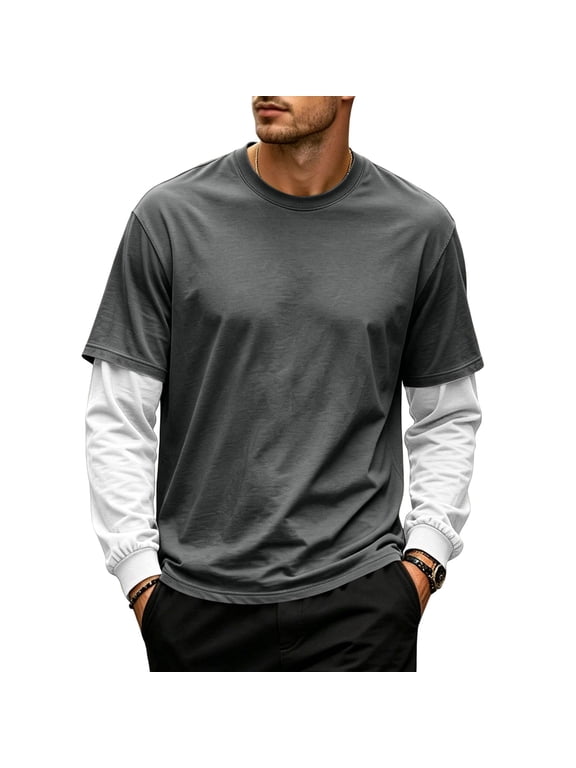 Long Sleeve Shirts for Men Casual Layered Fake Two Piece Long Sleeve T Shirts for Men French Terry Fabric Crewneck Loose Fashion Pullover Shirts