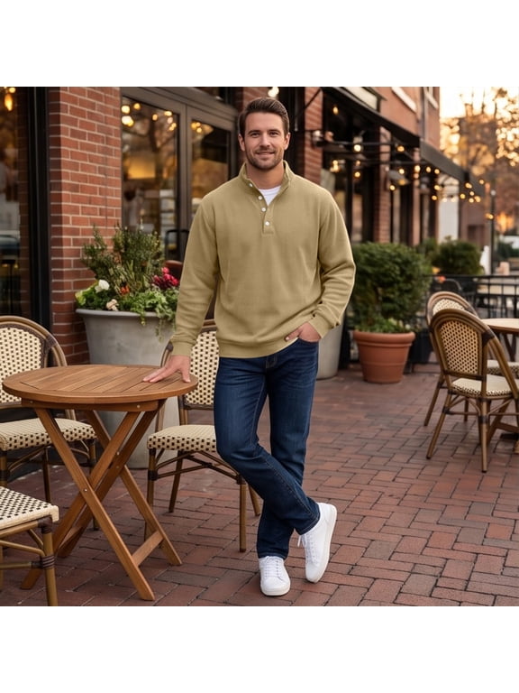 Long Sleeve Shirts for Men Corduroy Henley Stand Collar Pullover Top Solid Color Loose Fit Casual for Everyday Activities Light Brown XL