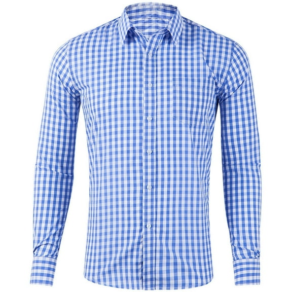 Long Sleeve Shirts for Men Cotton Gingham Shirt Button Turn Down Collar Classic Fit Big and Tall Blue1 L