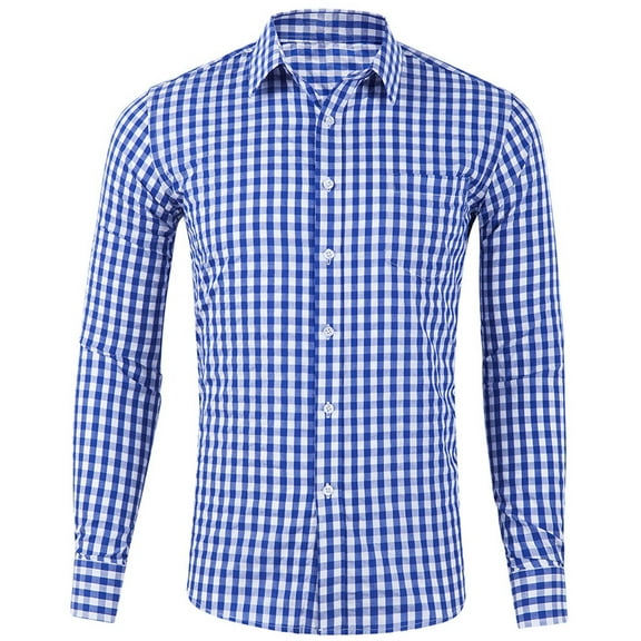 Long Sleeve Shirts for Men Cotton Gingham Shirt Button Turn Down Collar Classic Fit Big and Tall Blue2 L