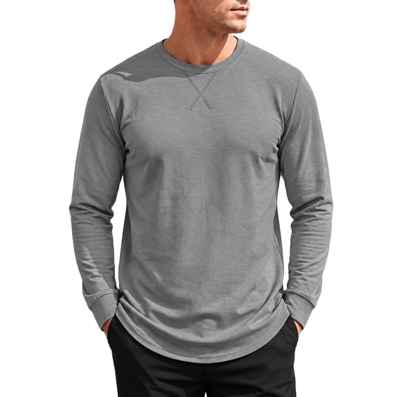 Long Sleeve Shirts for Men Crew Neck Curved Hem Solid Color Base Layer ...