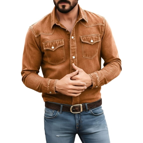 Long Sleeve Shirts for Men, Denim Western Shirt for Men Long Sleeve Snap Button Down Cowboy Top with Flap Pockets Casual Vintage Work Shirts