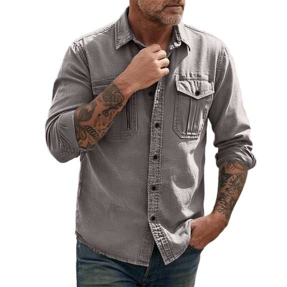 Long Sleeve Shirts for Men Fashion Turndown Collar Solid Color Casual Button Front Shirt With Zipper Pockets Outdoor Sports Tops