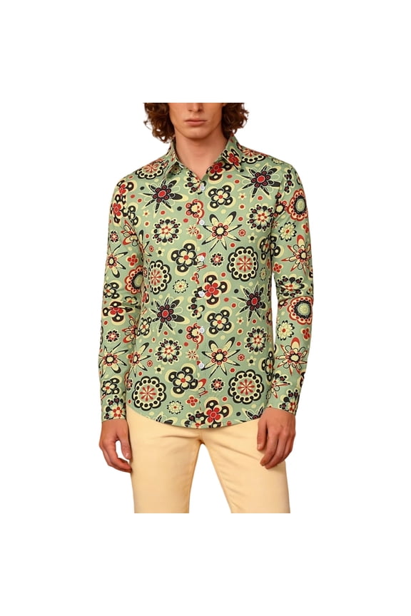 Long Sleeve Shirts for Men Floral Print Button Down Lapel Shirt Bohemian Retro Hippie Music Casual Men Shirts Orange XXL