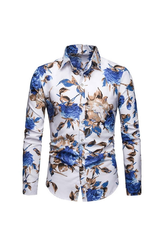 Long Sleeve Shirts for Men Button Casual Floral Shirt Blue 3XL