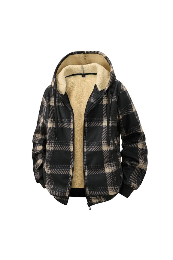 Long Sleeve Shirts for Men, Heavy Thick Flannel Plaid Jacket Sherpa Fleece Lined Hoodies for Men Zip Up Spring Coat Buffalo Zipper Sweatshirt