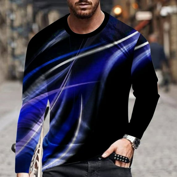Long Sleeve Shirts for Men Line Printed Casual Round Neck Pullover Shirt Blue 3XL