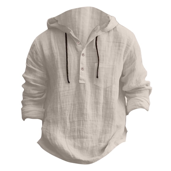 Long Sleeve Shirts for Men, Linen Shirts for Men Lightweight Button Up Long Sleeve Shirts with Hood Regular Fit Cotton Beach Shirt