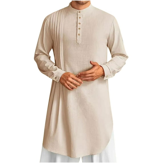 Long Sleeve Shirts for Men, Men Kaftan Thobe Cotton Linen Henley Shirt Long Sleeve Stand Collar Button Down Robe Casual Pleated Muslim Gown Kurta